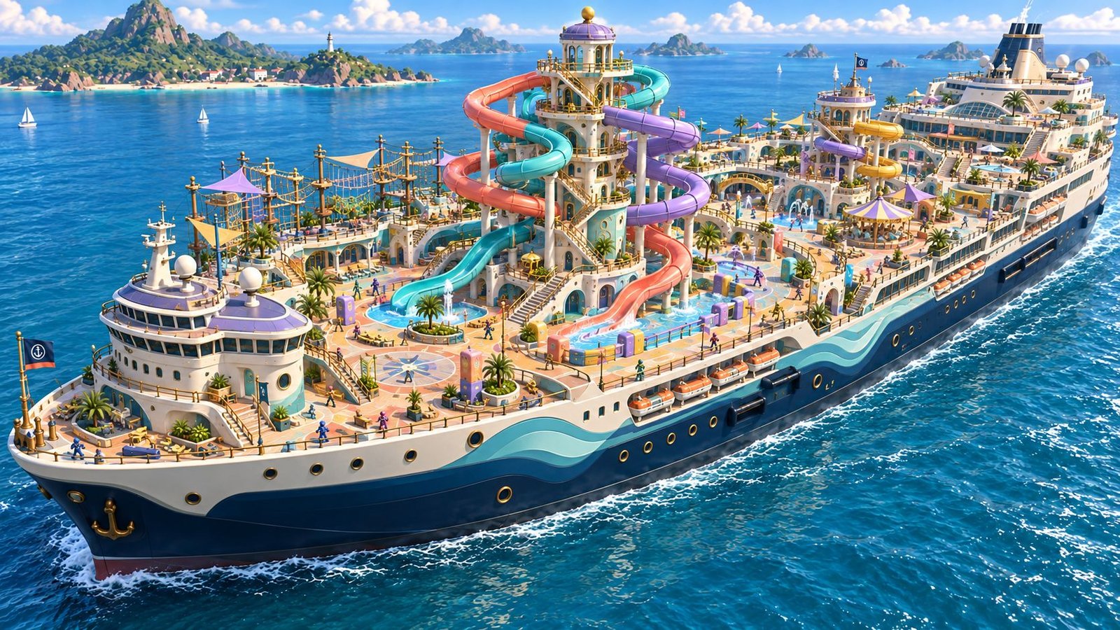 Concept art: a giant amusement-park ship with twisting water slides sails past sunny islands.