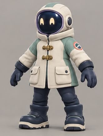 Concept art: a Rinse Crew member in a cream and seafoam coat with a round helmet and glowing eyes on a dark visor.
